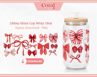 CHRISTMAS Bows Coquette Sublimation PNG Transfer File UVDTF Cup Wrap, Libbey 16oz Beer Glass Tumbler Design, Xmas Wrapping for Sublimation