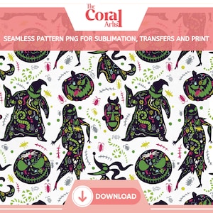 Cartoon Halloween Xmas Seamless Pattern PNG Nightmare Boogie Repeating Pattern for UVDTF Tumbler Wrap, Sublimation and Decal, Skull Pumpking