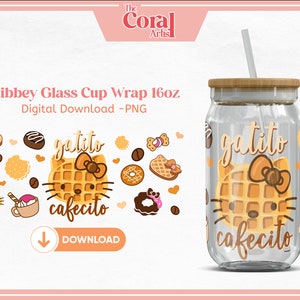 Gatito y Cafecito PNG Transfer File, Libbey 16oz Beer Glass Tumbler Design, Cartoon for Sublimation, Coffee, Waffles and Desserts