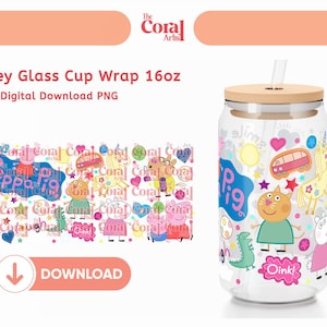 Piggy Family Kids TV-program Pepper PNG-överföringsfil UVDTF-muggomslag, Libbey 16oz ölglasdesign, humlekaninflicka för sublimering