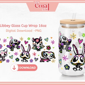 Halloween Sugar Skull Dia de Los Muertos Tag der Toten PNG Transfer für 16 Unzen Libbey UVDTF Glas Beer Cup Wrap Tumbler, Spinne, Fledermaus, Katze