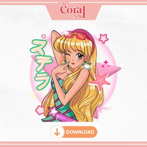 Winx Stella anni '90 Anime Y2K File di trasferimento PNG, design bicchiere di birra Libbey da 16 once, stella marina, corallo, cartone animato ANIME giapponese per sublimazione