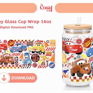 May include: A clear glass cup with a wooden lid and straw, featuring a colorful cartoon car design. The cup wrap design includes various car characters, tools, and the text "Libbey Glass Cup Wrap 16oz".