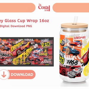 May include: A clear glass cup wrap with a racing car design. The wrap features red, yellow, and blue cars with the text "DARE RAD", "1968", and "#68". The cup has a wooden lid and a straw. The text "Libbey Glass Cup Wrap 16oz" is also visible.