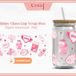 KPOP PINK Korean Food Y2K PNG Transfer File, Libbey 16oz Beer Glass Tumbler Design, flip phone, Seoul, Korean Snack Cartoon for Sublimation