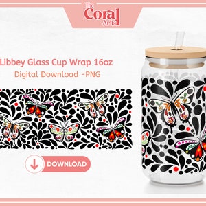 Black Talavera Day of the Dead Butterflies PNG UVDTF Transfer File, Libbey 16oz Beer Glass Tumbler Dia de los Muerto Cartoon for Sublimation