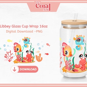 LPS Little Animal Pet Shop PNG Transfer File, Libbey 16oz Beer Glass Tumbler Design, Ocean, Sea, Beach Cartoon for Sublimation, Decal, UVDTF