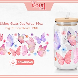 Aquarela BORBOLETAS PNG UVDTF pode embrulhar, copo Libbey de 16 onças para sublimação, decalque para embrulho de copo, rosas, flores e design rosa roxo