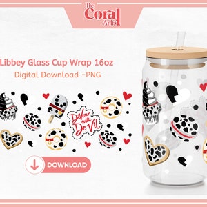 DALMATIAN Cruel Devil Snacks PNG para 16oz Libbey Glass Can Tumbler Wrap, Sublimación, Postres, Snacks, Manchas, Donut, Lolly, Arte de dibujos animados