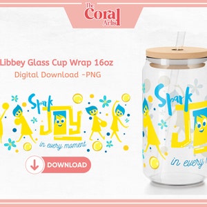 Joy Happy UVDTF Yellow Inside Out PNG Transfer File, Libbey 16oz Beer Glass Tumbler Design, Joyful Happiness emoción Dibujos animados para sublimación