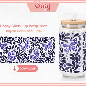 Tag der Toten Talavera Dia de los Muertos BUTTERFLIES png UVDTF Cup Wrap für Sublimation, dtf, Becheraufkleber, blaue und weiße Musterkunst