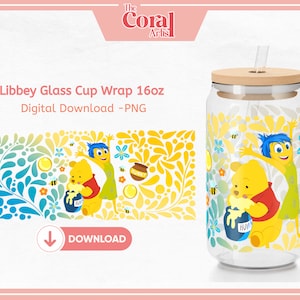 Archivo de transferencia UVDTF PNG Happy Duo Yellow Talavera, vaso de cerveza Libbey de 16 oz, animal de dibujos animados amarillo de adentro hacia afuera para sublimación