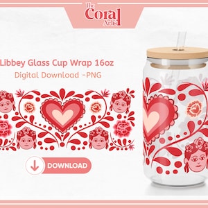 Frida Kahlo Herz Talavera PNG Transferdatei, Libbey 16 Unzen Bierglas Tumbler Design, UVDTF Rosen mexikanische Cartoon für Sublimation und Abziehbilder