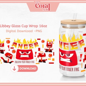 Mental Health UVDTF Red Inside Out UVDTF PNG Transfer File, Libbey 16oz Beer Glass Tumbler Design, Cartoon for Sublimation Decal