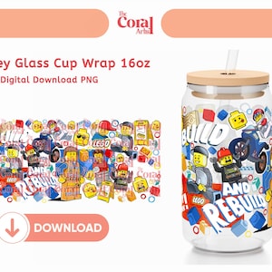 May include: A clear Libbey glass cup wrap with a wooden lid and straw. The cup features a colorful LEGO-themed design with the words "BUILD" and "REBUILD". The design includes LEGO figures, bricks, and a motorcycle.