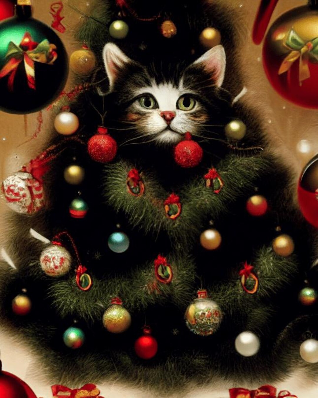 Louis Wain Style Cute Pet Cat Christmas Tree Canvas Print 8x10