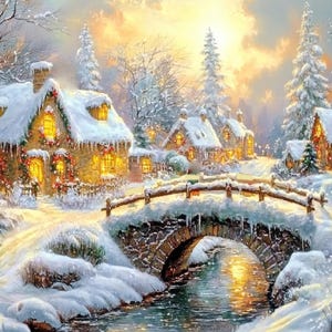 Thomas Kinkade Style Christmas Cottage With Bridge In Forest 8x10 Real Canvas Giclee Art Print