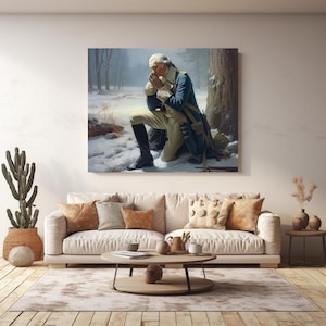 May include: A painting of a man in a blue uniform kneeling in the snow with his head bowed in prayer. The man is holding a rifle in his right hand. The painting is set against a backdrop of a snowy forest.