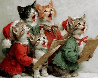 Louis Wain Style Caroling Cats Christmas Wall Art Vintage Feline Canvas Print Whimsical Holiday Home Decor Canvas Print