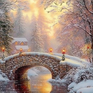 Thomas Kinkade Style Christmas Cottage Snow In Forest 8x10 Real Canvas Giclee Art Print...