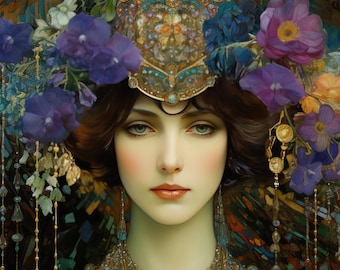 Beautiful Woman With Flowers & Beautiful Blue Dress With Jewelry 8x10 Real Giclee Canvas Art Print