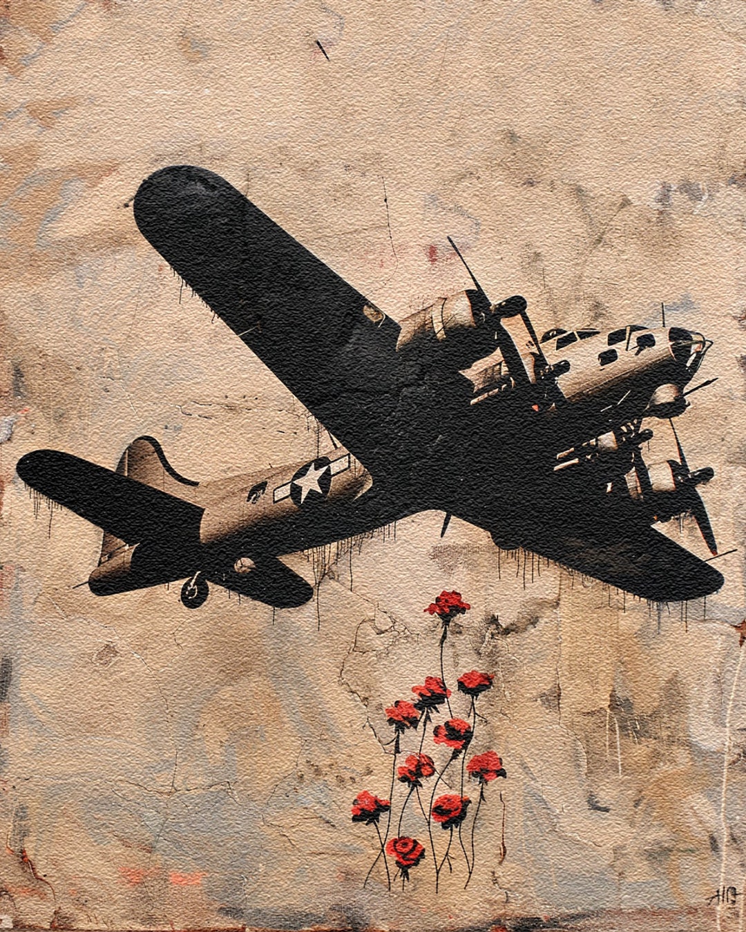 Banksy Street Graffiti Art Bomber Plane Dropping Flowers
