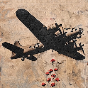 Puede incluir: Una silueta en blanco y negro de un bombardero de la Segunda Guerra Mundial volando sobre un campo de amapolas rojas. El avión está pintado con una estrella blanca en el lateral. El fondo es un lienzo beige texturizado.