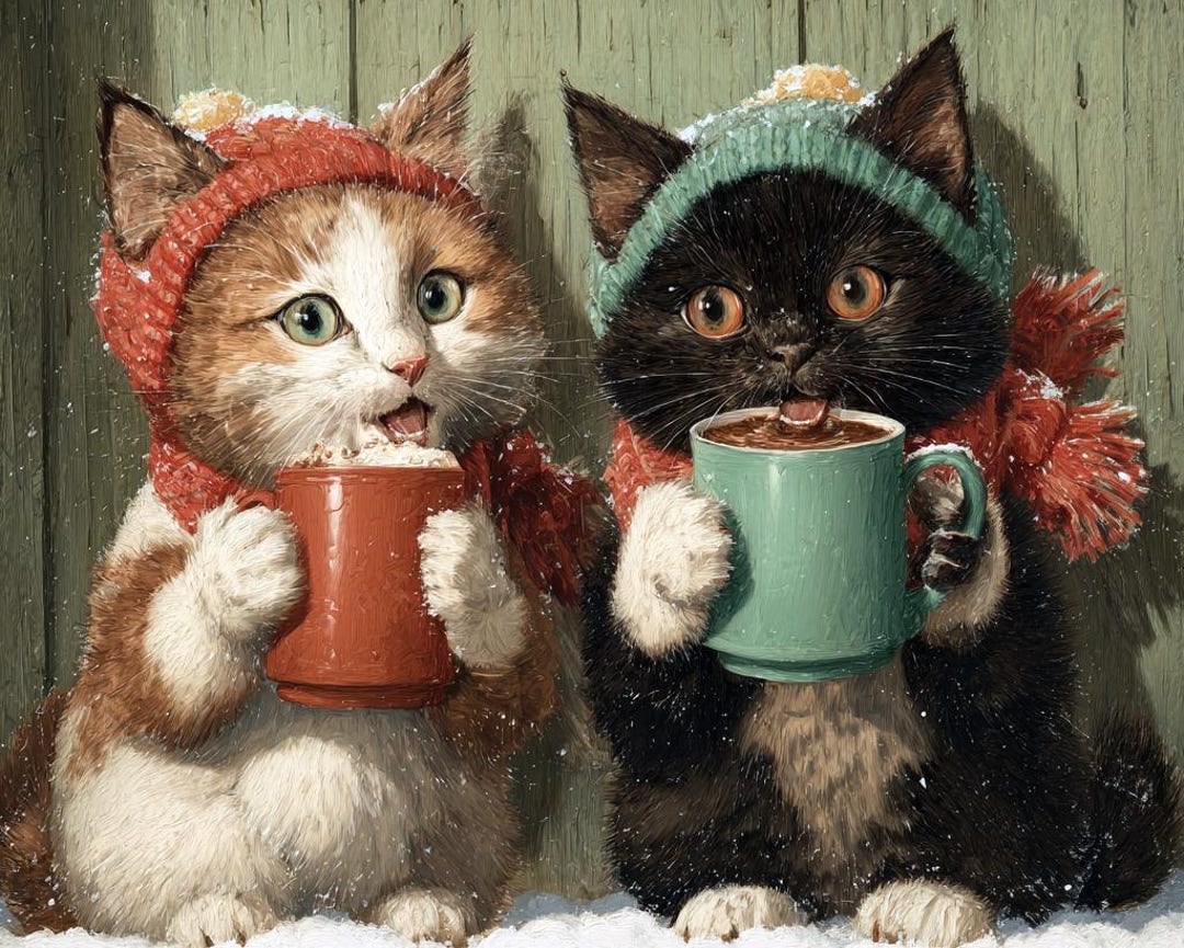 Louis Wain Style Cats Cats Drinking Hot Chocolate on Christmas Wall Art ...