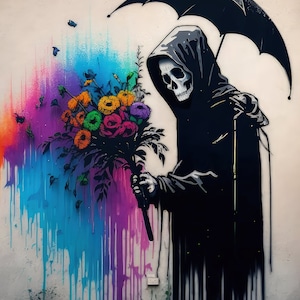 Banksy Street Graffiti Urban Art Sensenmann Mit Regenschirm & Blumen 8x10 Echte Leinwand Kunstdruck