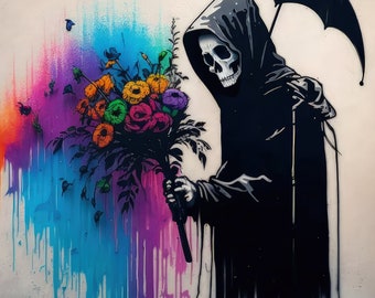 Banksy Street Graffiti Urban Art Grim Reaper With Umbrella & Flowers 8x10 Real Canvas Art Print
