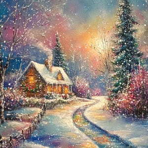 Thomas Kinkade Style Beautiful Christmas Cottage Snow In Forest 8x10 Real Canvas Giclee Art Print