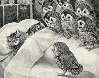 May include: A black and white illustration depicts a cat in bed surrounded by numerous owls. The owls, with large eyes, perch on the bed and a railing. The artwork, signed by Louis Wain, has a whimsical, vintage feel.