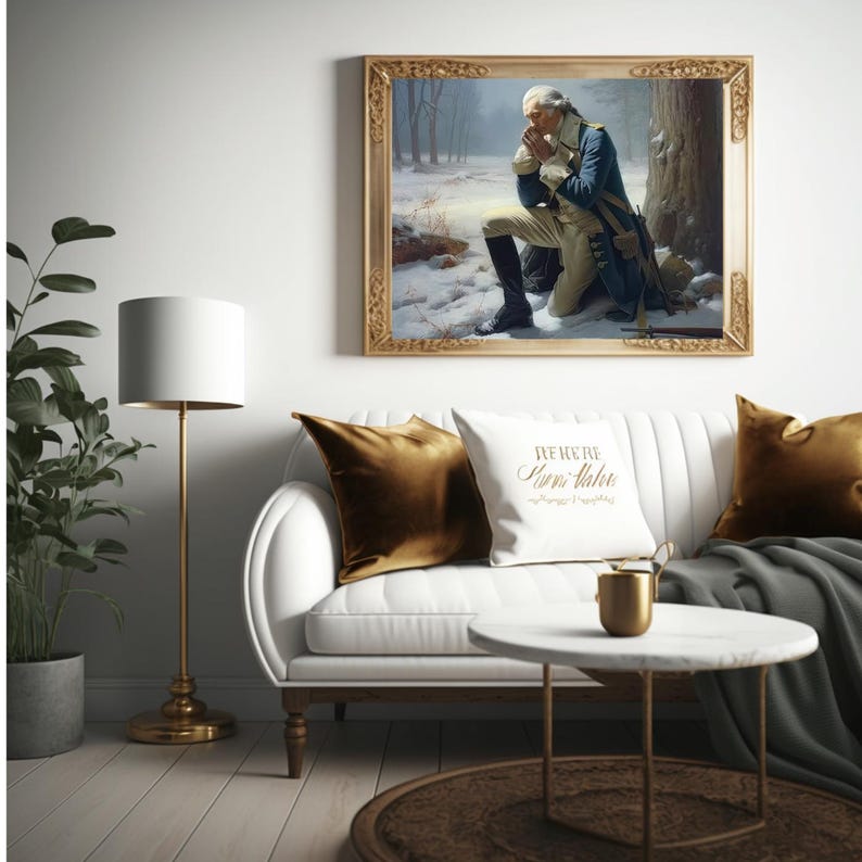 May include: A framed painting of a man in a military uniform kneeling in prayer in a snowy forest. The painting is in a gold frame and is hanging on a white wall above a white sofa with gold pillows.