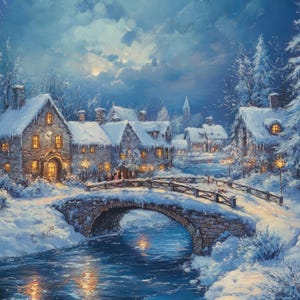 Thomas Kinkade Style Christmas Cottage In Forest 8x10 Real Canvas Giclee Art Print