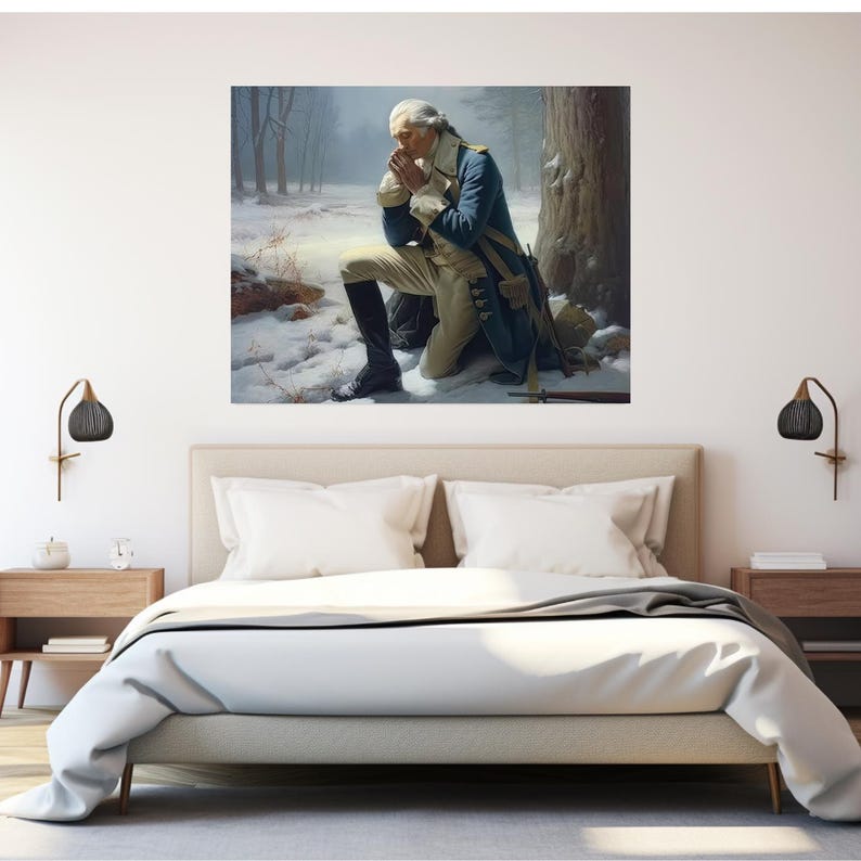 May include: A painting of a man in a blue and white uniform kneeling in the snow with his hands clasped in prayer. The man is surrounded by trees and a snowy landscape.