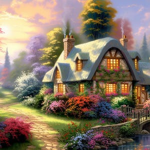 13&quot;x19&quot; Thomas Kinkade Style Christmas Cottage In Forest Real Canvas Giclee Art Print