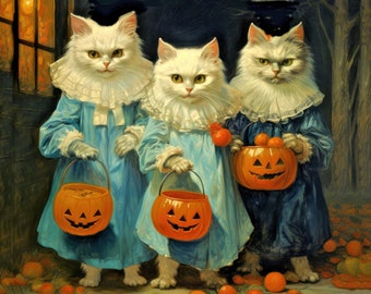 Louis Wain Cute Pet Cats Trick or Treating on Halloween with Jack o Lantern Pumpkins 8x10 Real Canvas Art Giclee Print