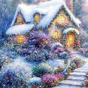 Thomas Kinkade Style Christmas Cottage Snow In Forest 8x10 Real Canvas Giclee Art Print....