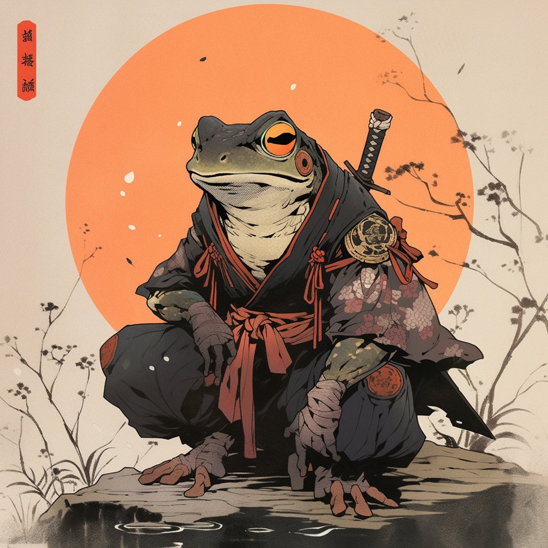 日本の浮世絵風サムライ忍者戦士カエルと刀 8x10 リアルキャンバス