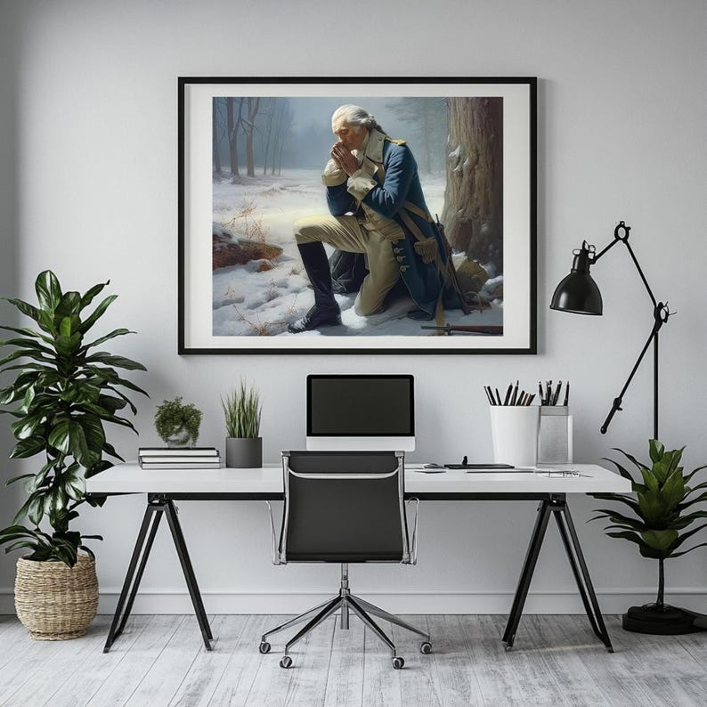 May include: A black and white framed painting of a man kneeling in prayer in a snowy forest. The man is wearing a blue and white uniform and a hat. He is holding his hands together in prayer. The painting is set against a white wall with a desk and chair in front of it.
