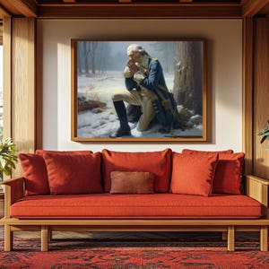 May include: A painting of a man kneeling in prayer in a snowy forest. He is wearing a blue coat and white pants. The painting is framed in a wooden frame.