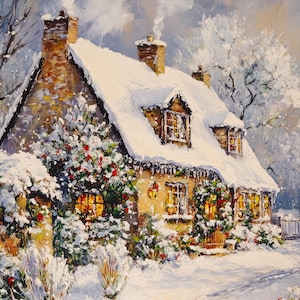 Thomas Kinkade Style Christmas Cottage Snow In Forest 8x10 Real Canvas Giclee Art Print.
