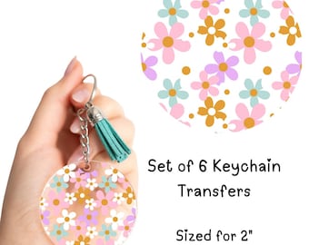 Pink and Purple Floral Round Keychain UV DTF Transfer Set of 6