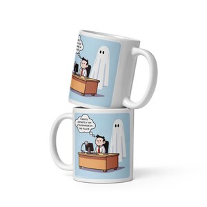 Fantasma de ambiente de oficina / taza blanca brillante / taza de humor de trabajo