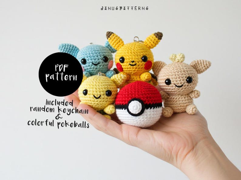 May include: A hand holding five crocheted amigurumi toys: a yellow Pikachu, a blue Squirtle, a yellow Eevee, a brown Eevee, and a red and white Pokeball. The text "PDF pattern" and "Included random keychain & colourful pokeballs" is visible.