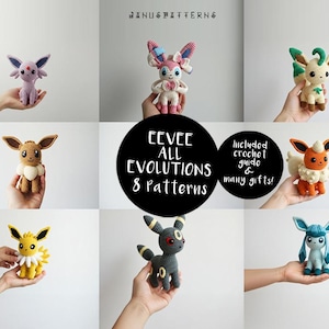 Könnte beinhalten: Häkelanleitungen für acht Eevee-Entwicklungen, inklusive einer Häkelanleitung und vielen Geschenken. Die Anleitungen umfassen Eevee, Vaporeon, Jolteon, Flareon, Espeon, Umbreon, Leafeon und Glaceon.