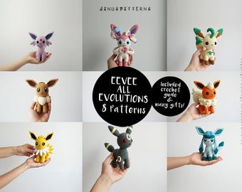 Crochet Pattern Eevee Evolutions Amigurumi Dolls, Jolteon, Flareon, Umbreon, Leafeon, Vaporeon, Espeon, Syleon Crochet Patterns, PDF Ebook