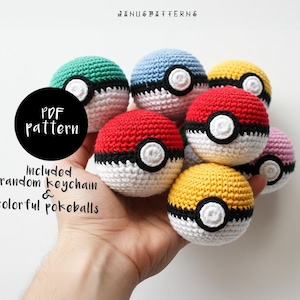 May include: A collection of colourful crocheted Pokeballs, including red, blue, green, yellow, and pink. The Pokeballs are arranged in a hand, with the text "PDF pattern" and "Included random keychain & colourful pokeballs" visible below.