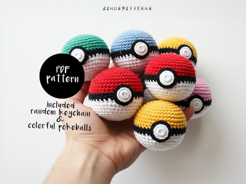 May include: A collection of colourful crocheted Pokeballs, including red, blue, green, yellow, and pink. The Pokeballs are arranged in a hand, with the text "PDF pattern" and "Included random keychain & colourful pokeballs" visible below.