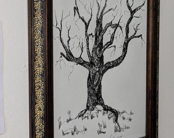 Leafless Scary Tree "Don't be Scared" Pen & Ink Inkjet Tree Print unframed